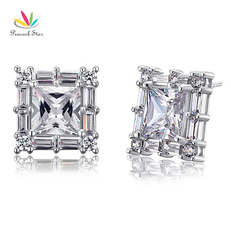 Павлин звезда 2 карат Принцесса Cut твердых стерлингового серебра 925 Серьги