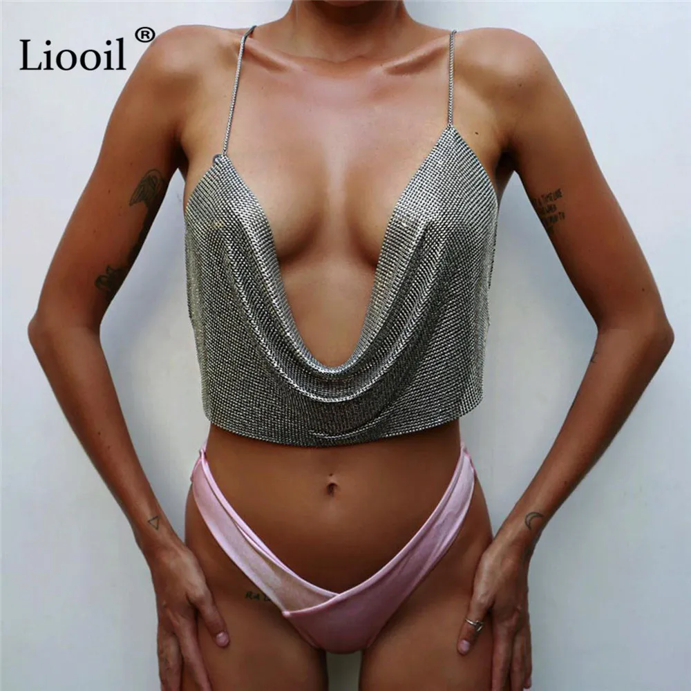 Liooil пикантные Клубные Холтер блесток Лето майка для женщин без рукавов без бретелек V средства ухода за кожей Шеи спинки золото топики Вечерние