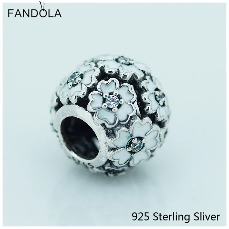 

925 Sterling Silver Primrose Flower Charm White Enamel Fit for Bracelet Bangle Beads for Jewelry Making for Women Gift Femme