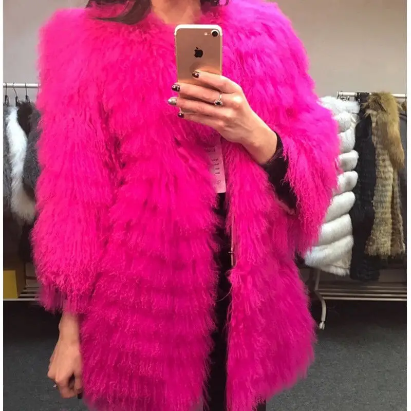 Rose pink Монгольских Овец Мех животных Пальто для будущих мам Для женщин Осенняя мода Цвета шерсть Женский Пальто Подлинная монгольских Агнец Меховая куртка - Цвет: Rose pink