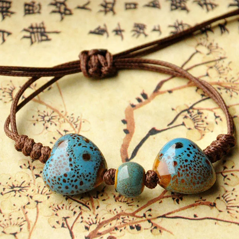 Браслеты в форме сердца для женщин и мужчин керамические бусины плетеная веревка - Фото №1