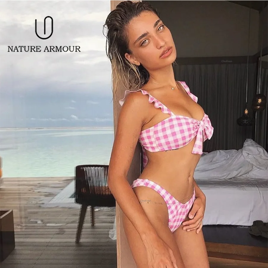Женский купальник в клетку с вырезами NATURE ARMOUR бантиком и высокой талией для