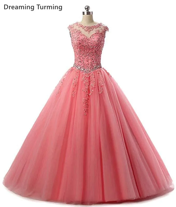 В наличии Quinceanera платье с глубоким декольте Аппликация Кружева Тюль Длина до пола
