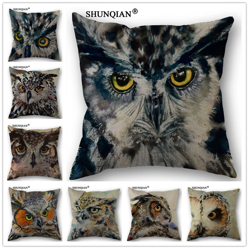 

Linen Cotton Watercolor owl Pillow Cover Custom Print Home Decorative Throw Pillows Cases 45x45cm one side Y4143