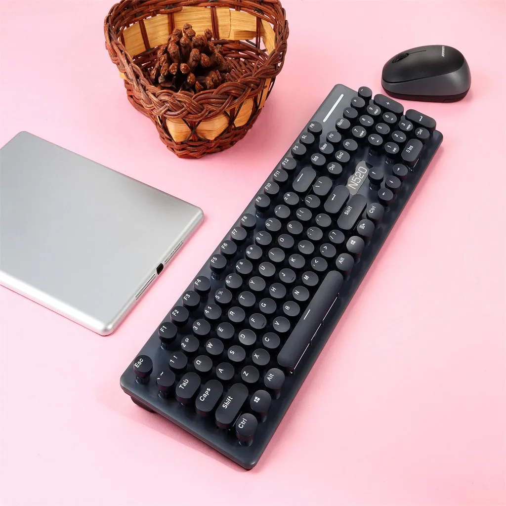 Черный VOBERRY N520 2,4 ГГц Беспроводная клавиатура панк Механическая на ощупь клавиатура и мышь набор 104 ключ круглая крышка для ПК ноутбука - Цвет: Черный