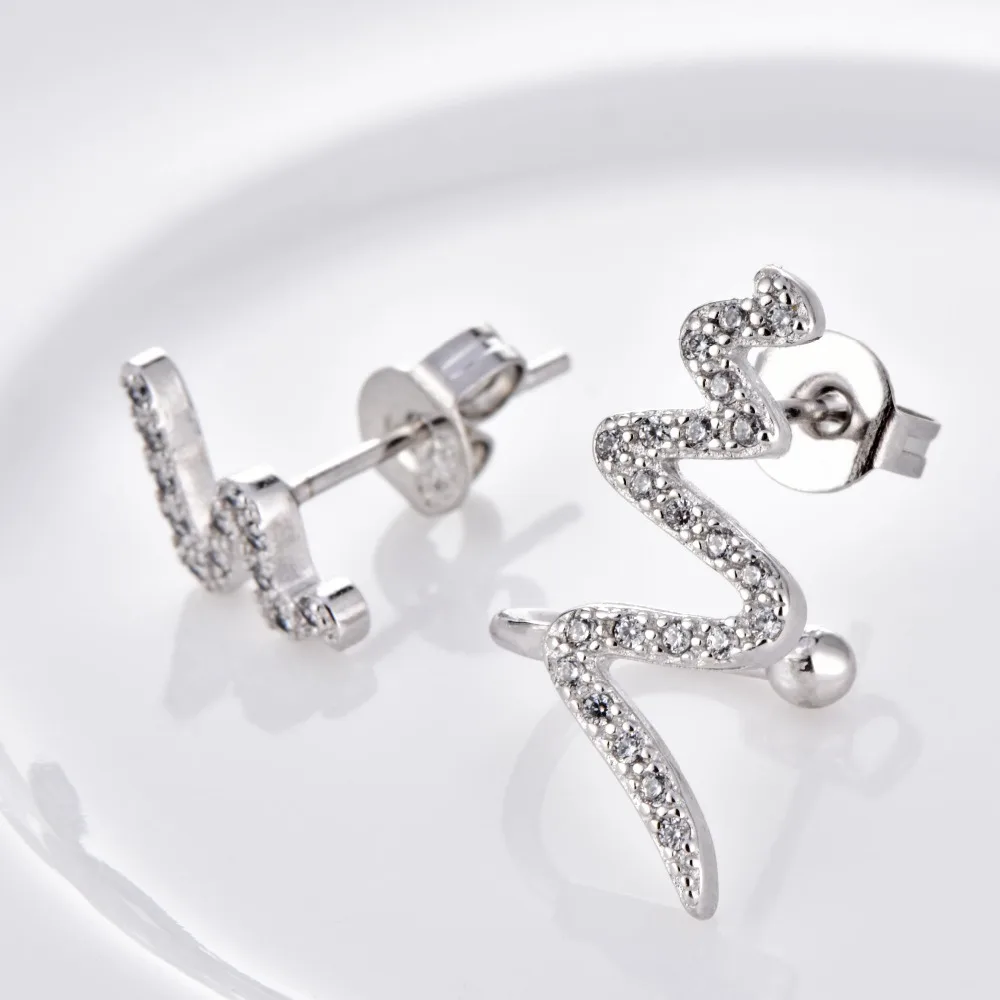 New Fashion High Quality Zircon Snake Shape Silver Metal Earrings For Women Men Unique Simple Stud Female Jewelry Gift | Украшения и