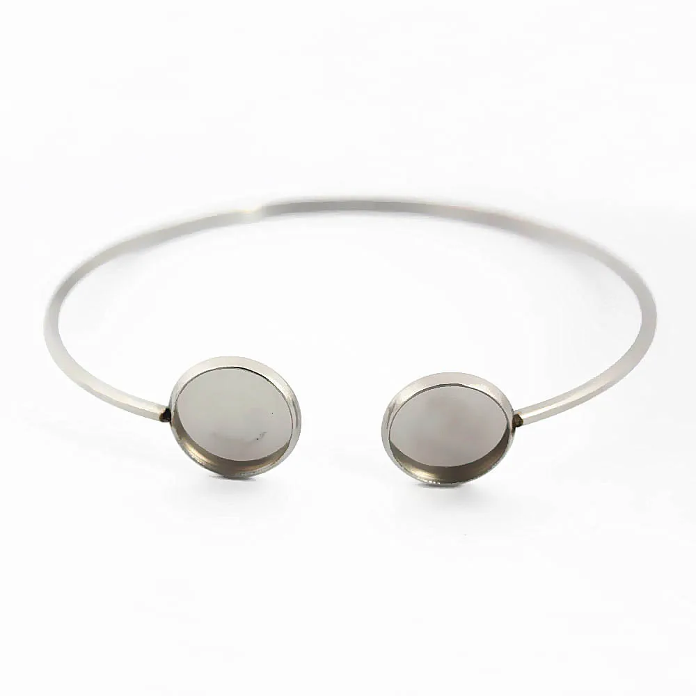 Stainless Steel Bracelet Double 12mm Round Bezel Glass Cameo Cabochons Wire Open Cuff Bangle No Fade Wrist DIY Findings | Украшения и