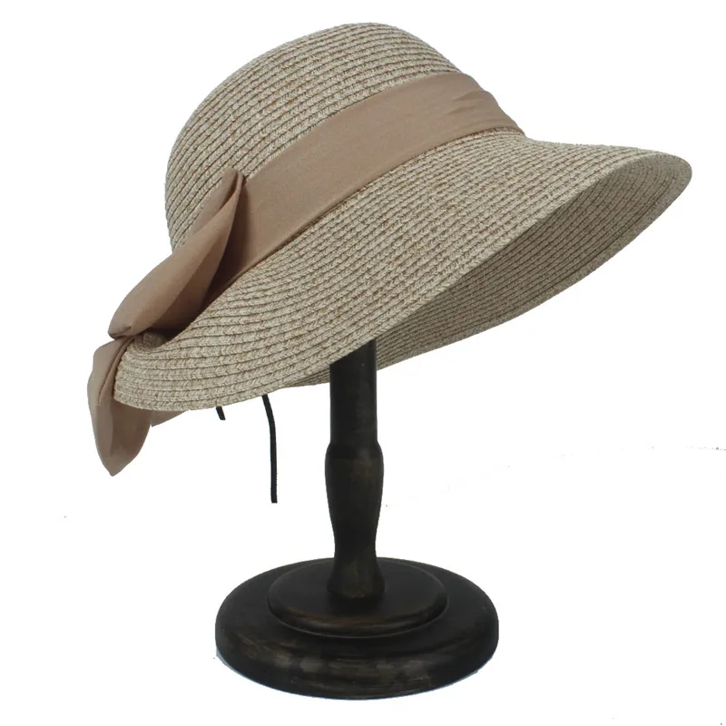 Light Khaki Соломенная Летняя женская пляжная шляпа от солнца для элегантной леди королева с широкими полями котелок, Панама Солнцезащитная шляпа с модным бантом - Цвет: Light Khaki
