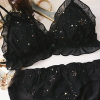 hot underwear starry women bra set printing full lace triangle cup wire free lovely girl intimates sexy bralette panties set
