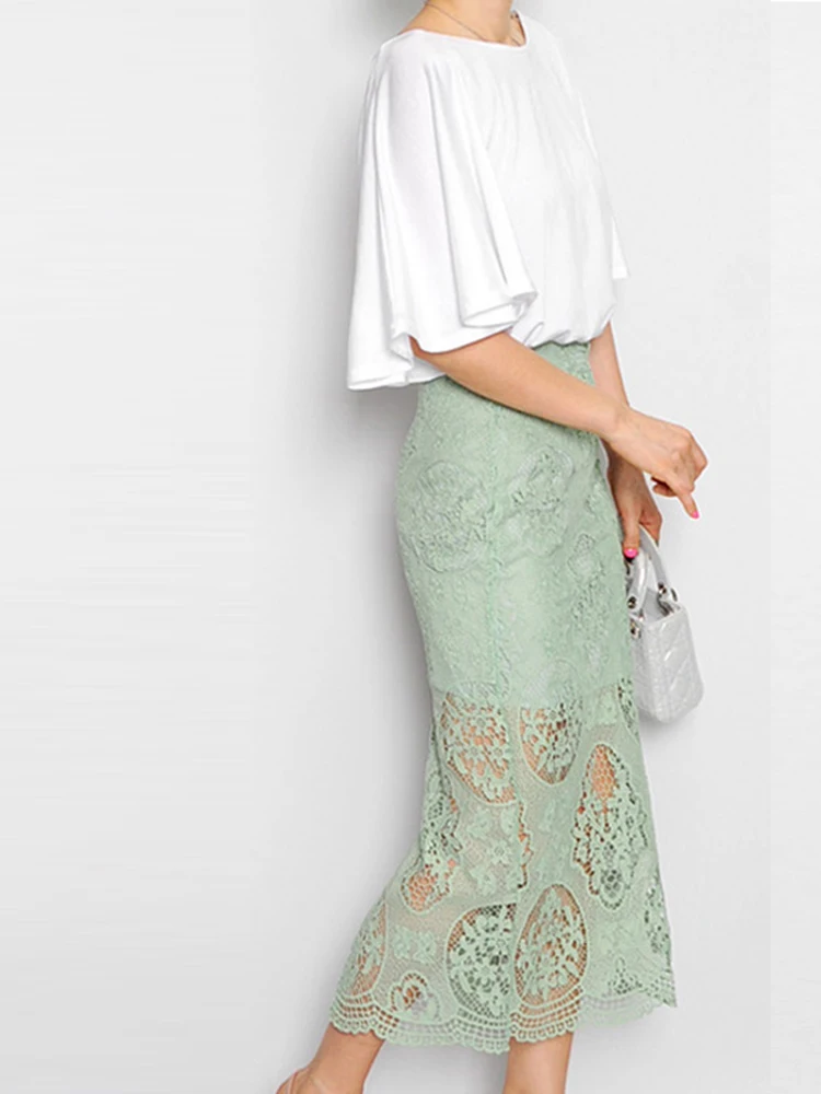 Женская кружевная юбка до середины икры Однотонная карандаш повседневная с