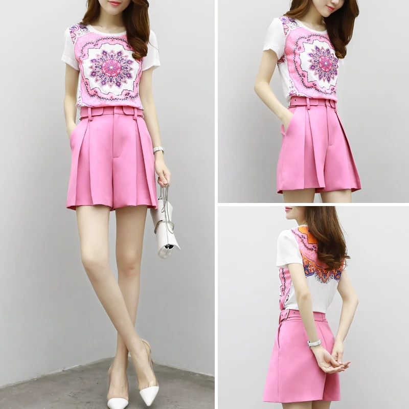 wear new Korean version fashion two piece short sleeves Chiffon print wide leg shorts western style suit girl. | Женская одежда