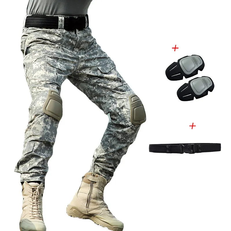 Pants With Pads belt Военные тактические брюки мужские Мульти карманные Панталоны лягушка КАРГО КАМУФЛЯЖ рабочие брюки армейский Охотник SWAT Combat CS Брюки наколенники - Цвет: Pants With Pads belt