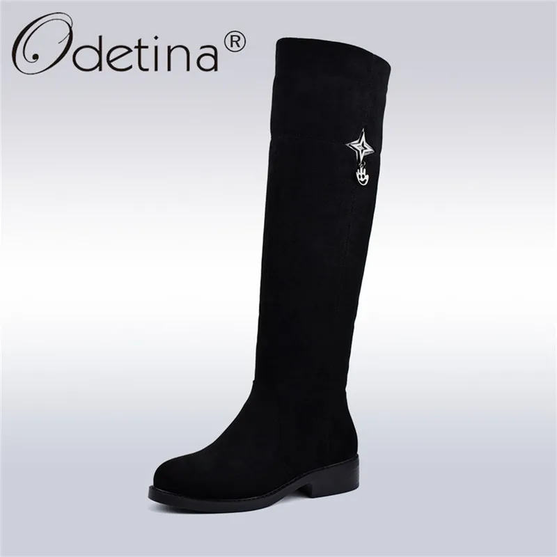 Odetina/женские ботфорты из флока удобные модные женские сапоги на не сужающемся