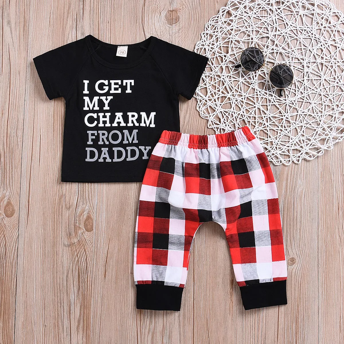 New Toddler Kid Baby Boy Clothes Short Sleeve Letter T Shirt Black Tops Long Plaid Pants 2Pcs Summer Set Outfits Clothing 3M-4T |