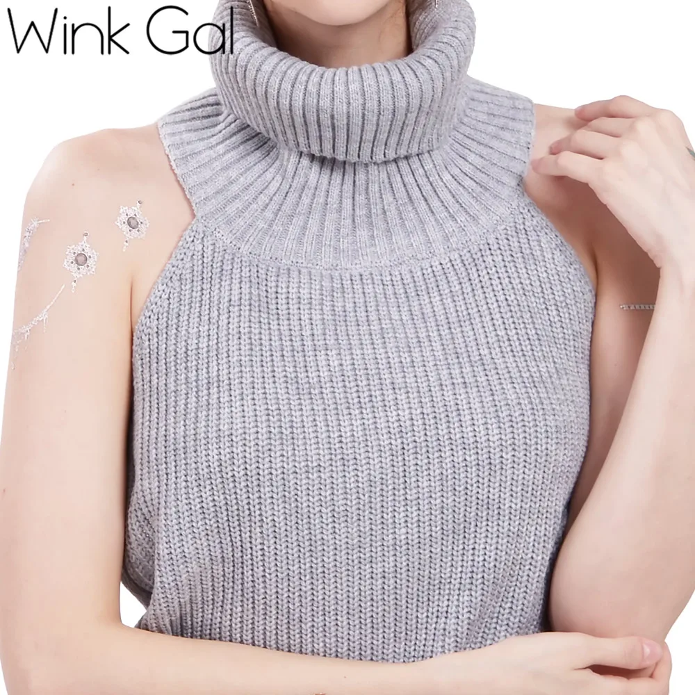 Wink Gal осенне-зимний вязаный джемпер с открытой спиной и высоким воротником