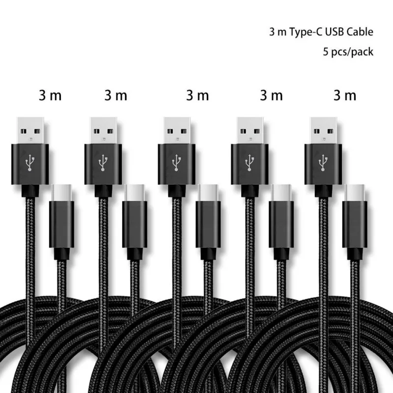Черный 3 м 5 ⑤ упак. в 2.4A USB C нейлоновый кабель для зарядного устройства Samsung S10/LG