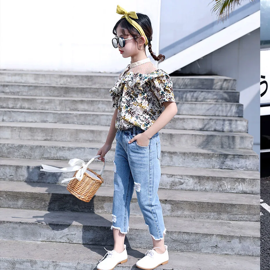 Детский летний комплект одежды для девочек рубашка с цветочным принтом +