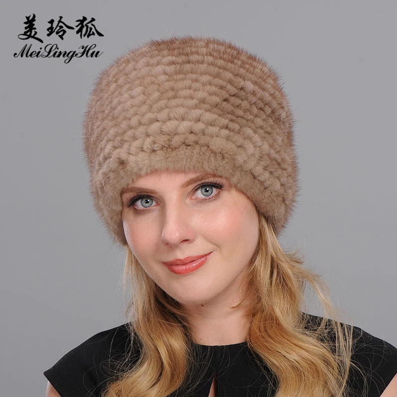 

Women Real Mink Fur Hat New Brand Cross Knitting Winter Fur Pompoms Hats Thicken Female Caps Warm Knitted Genuine Fur Beanies