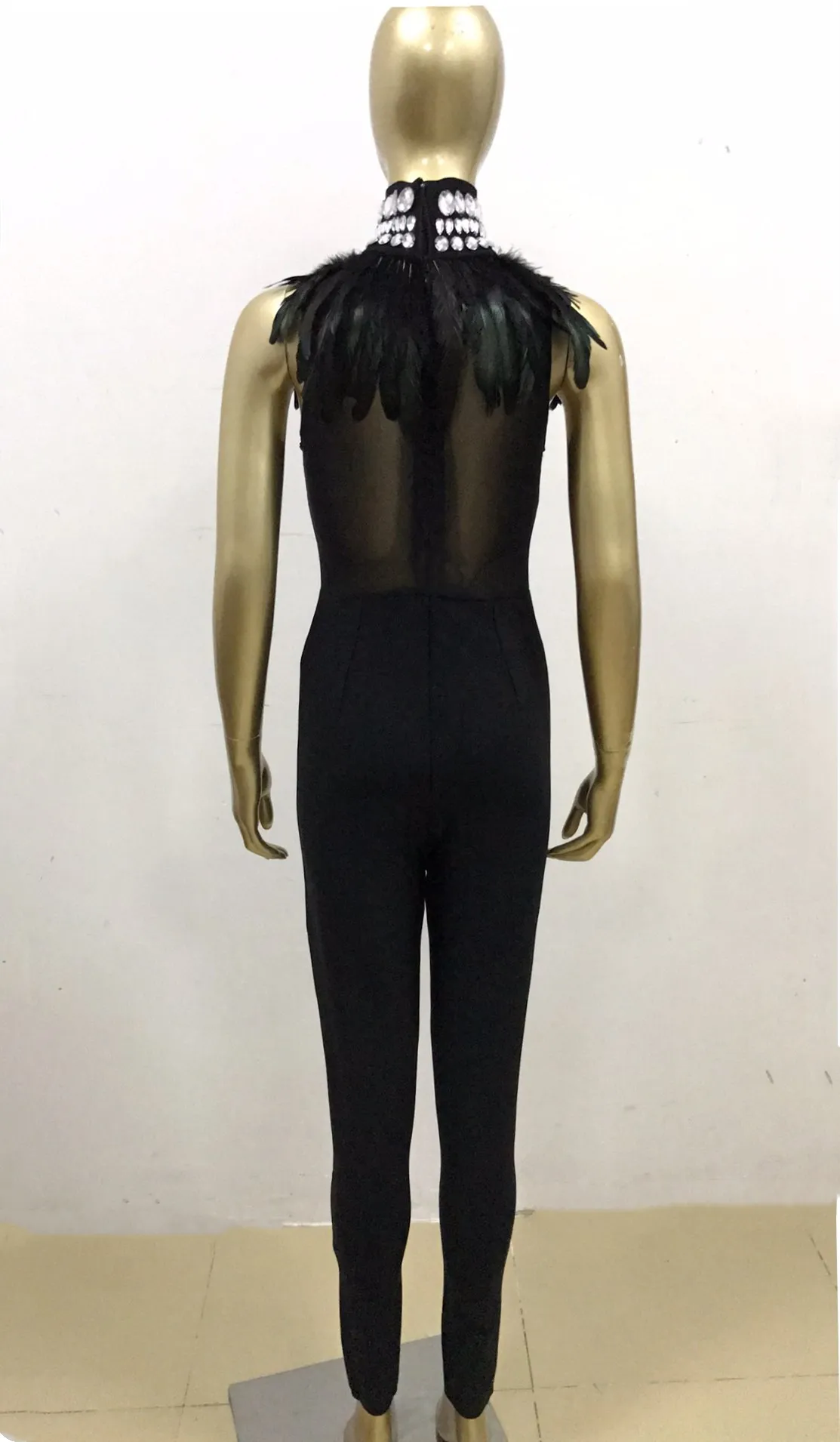 2018 New Arrivals Women Fashion Sexy Sleeveless Mesh Beading Black Party Feathers Turtleneck Rhinestone Skinny Bandage Jumpsuit | Женская