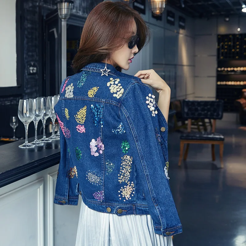 Женская джинсовая куртка свободная короткая ковбойская с блестками и вышивкой