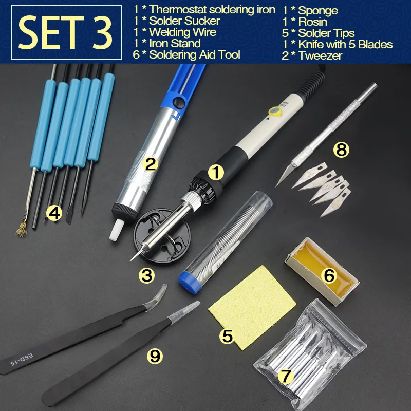 HL908-Set 3 Электрический паяльник с регулируемой температурой 220 в 60 Вт сварочная наладочная станция для пайки теплового карандаша 5 шт. наконечники инструмент для ремонта - Color: HL908-Set 3