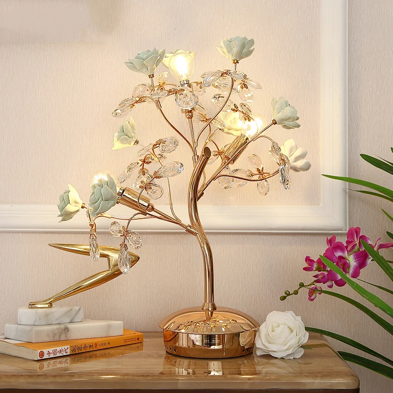 Керамический розовый цветок дерево металлическая настольная лампа кнопочный