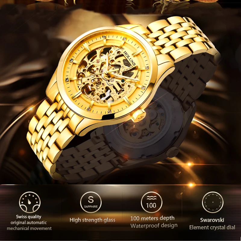 Механические часы для мужчин золотого цвета с полым скелетом мужские топового