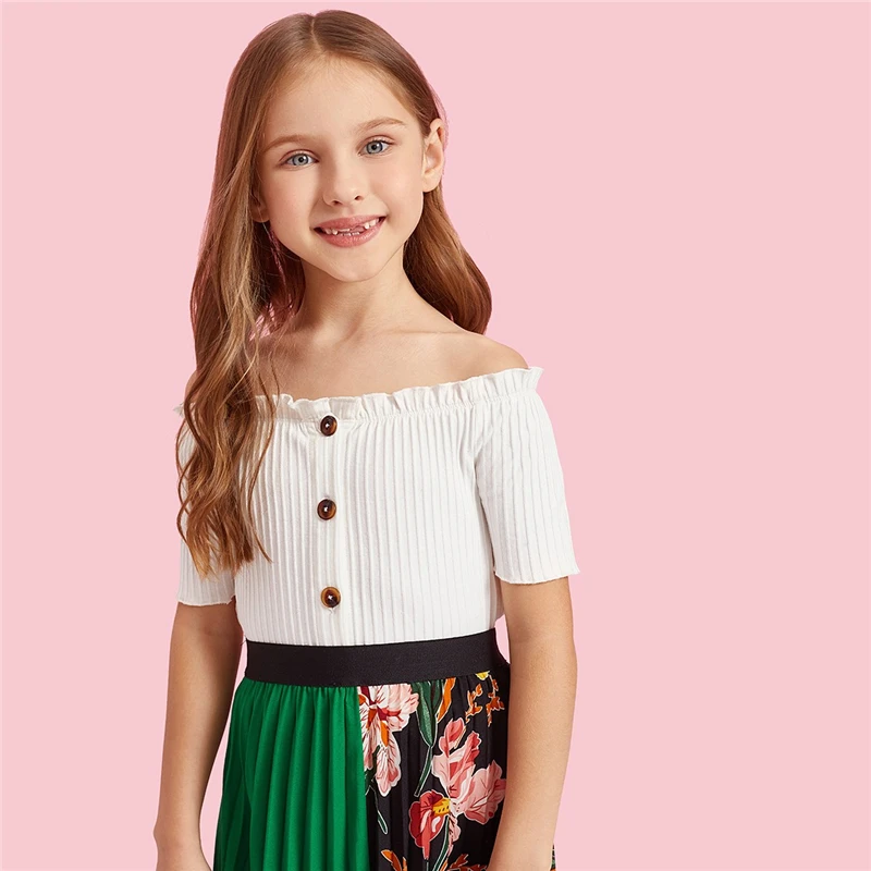 SHEIN Kiddie белая пуговица спереди жабо ребристая вязка элегантные футболки топы для девочек г. Летние укороченные детские повседневные футболки с короткими рукавами