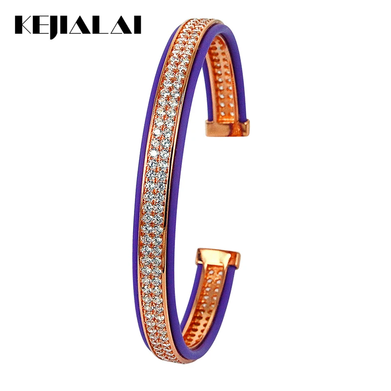 Hot Sale Genuine Leather Bracelets Men Bangle Purple Pave with Double Lines Clear Zircon Open Cuff for Women Punk Style | Украшения и