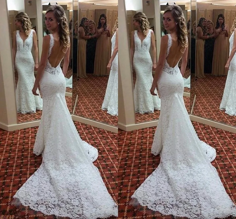 Vintage Sexy Lace Wedding Dress Mermaid V Neck Backless Beach Bridal Gowns court train gown Vestido De Novia | Свадьбы и торжества