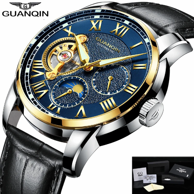 Мужские автоматические часы GUANQIN роскошные механические с каркасом Tourbillon черные