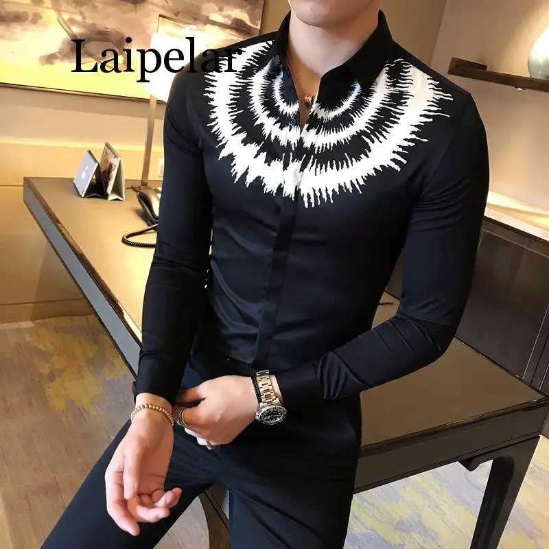 

Laipelar Digital Printed Casual Shirt Men Long Sleeve New 2019 Korean Dress Slim Fit Tuxedo Shirts Male Fashion Night Club Work