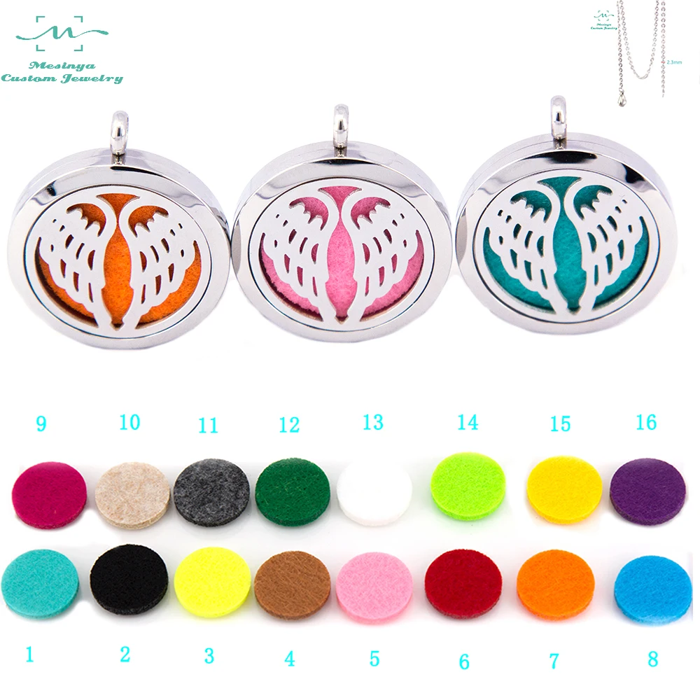 With Shiny chain! 10pcs 30mm Silver Color Angel wings Aromatherapy /Essential Oils 316L Stainless Steel Diffuser Locket Necklace
