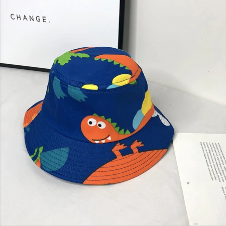 blue dinosaur Детская шляпа с принтом динозавра, хлопковая шляпа с рисунком, Детская летняя солнцезащитная Кепка, шапки для маленьких мальчиков и девочек - Цвет: blue dinosaur