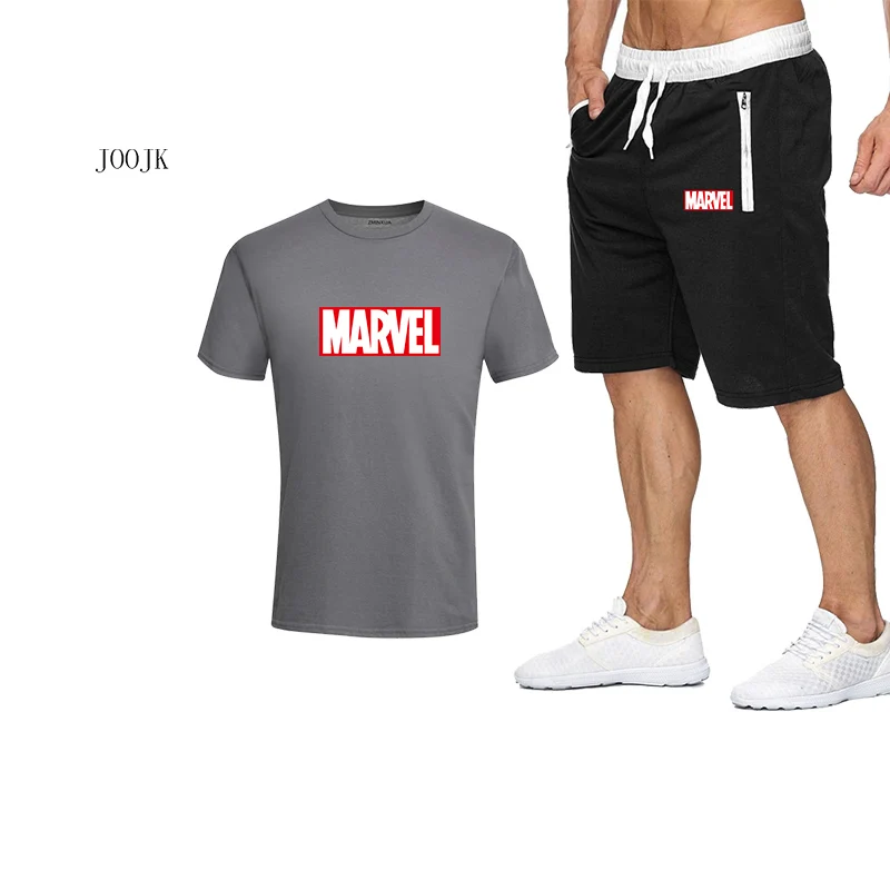 2019 Бесплатная доставка комплекты MARVEL с принтом Мужские футболки + штаны из двух