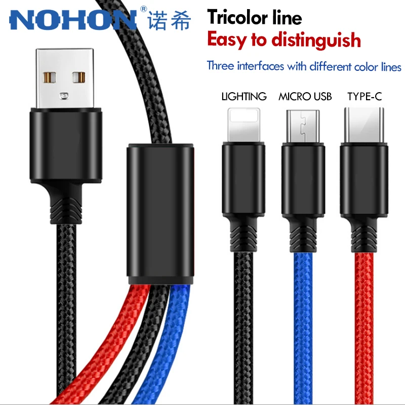 NOHON нейлон 3 в 1 Micro usb type C зарядный кабель для iPhone 7 8 Plus X Lighting Xiaomi samsung huawei 2/2 M|Кабели