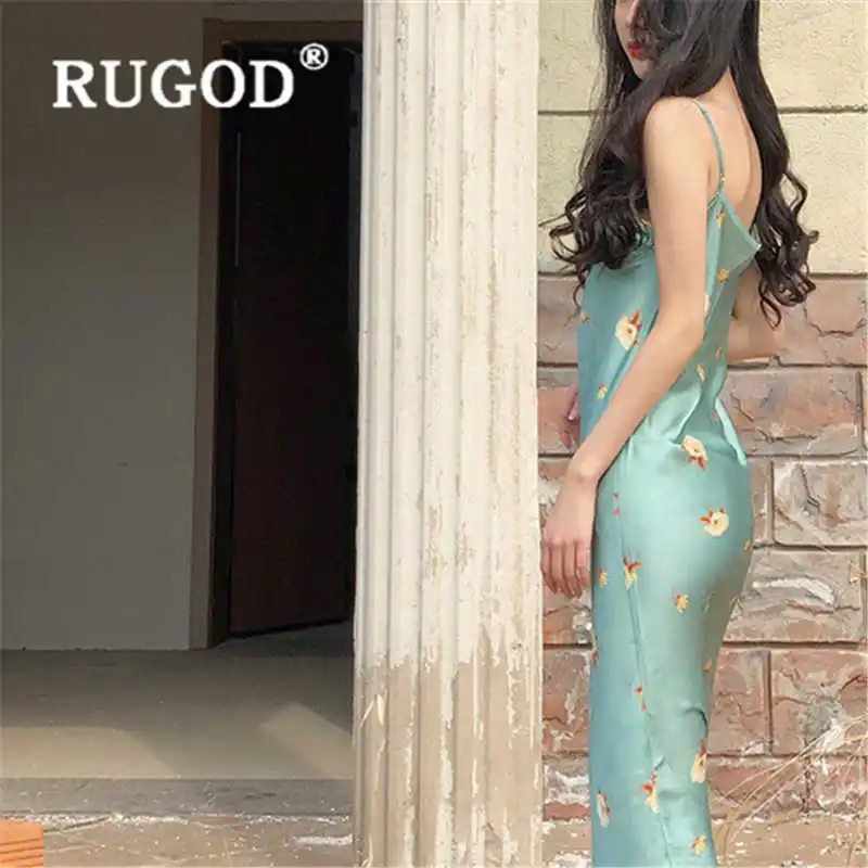 RUGOD 2020 Новое поступление атласное платье с цветочным принтом женское приталенное