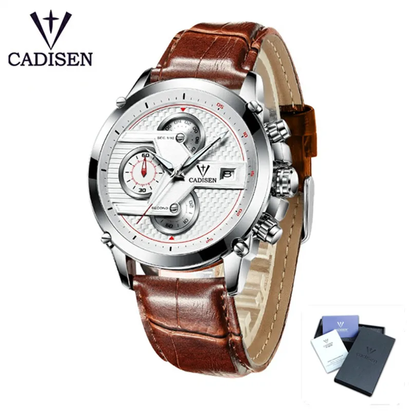 White Leather CADISEN мужские модные многофункциональные кварцевые часы мужские военные наручные часы водонепроницаемые часы из нержавеющей стали Relogio Masculino - Цвет: White Leather