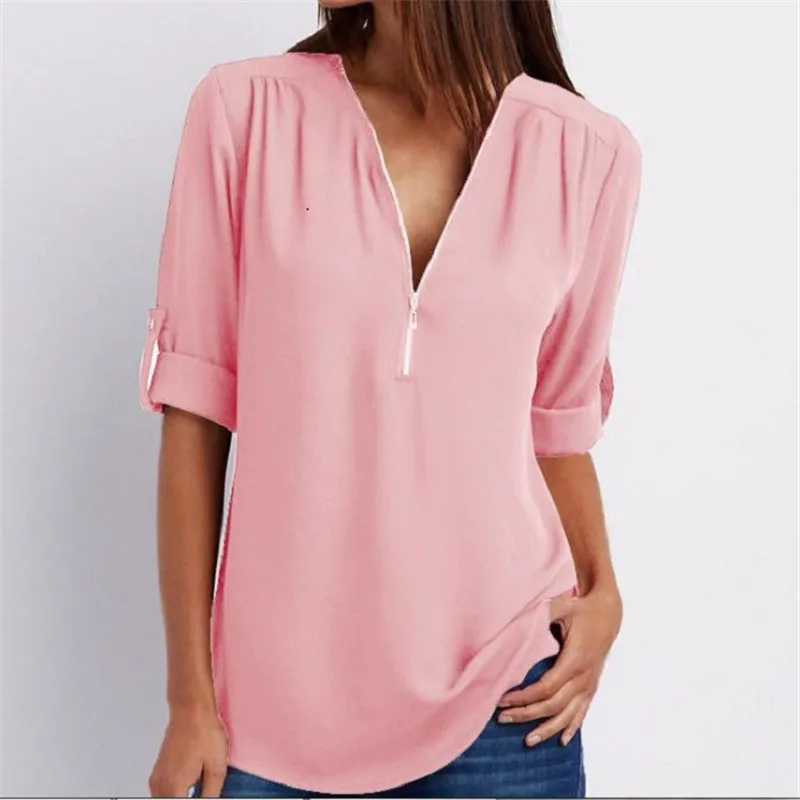 Женская шифоновая блузка на молнии с v образным вырезом летняя однотонная