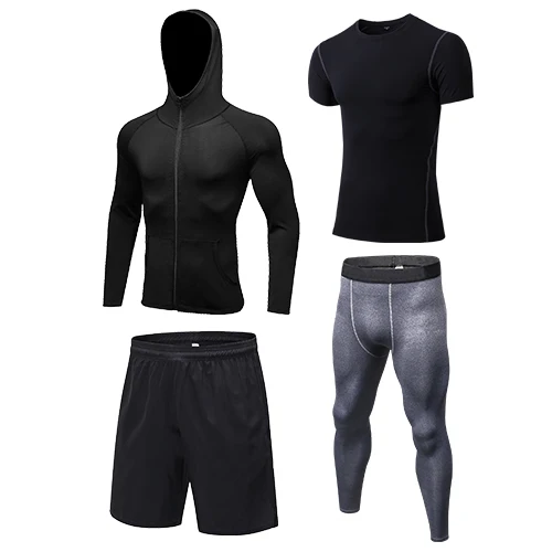 1020grey other black Новинка, 4 предмета, набор для бега, мужская куртка+ рубашка+ шорты+ штаны, спортивный костюм, для тренировок, для утреннего бега, спортивная одежда, мужской костюм для бега - Цвет: 1020grey other black