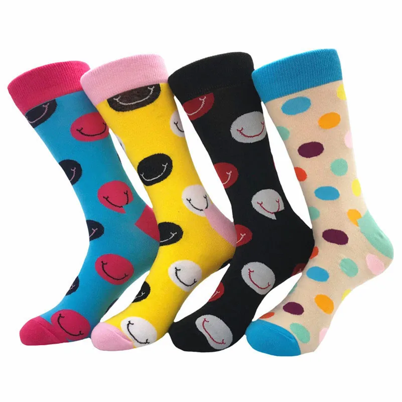 

5 Pairs Brand Quality Mens Happy Socks Unisex Women Colorful Dots Smile Face Socks Men Combed Cotton Calcetines Happy Funny Sock