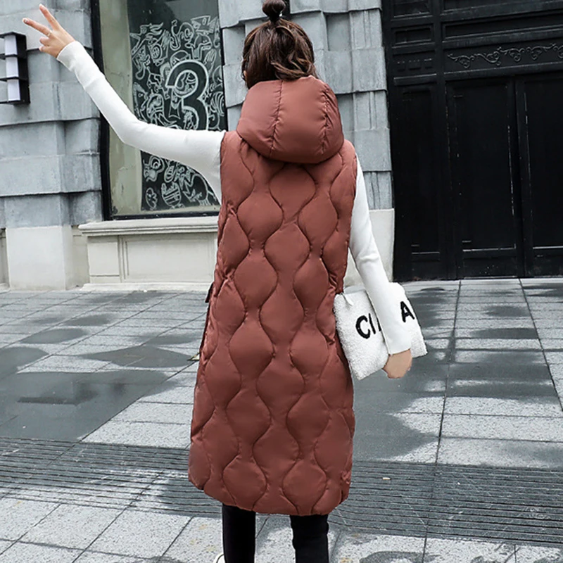 Женский Длинный пуховой жилет с хлопковой подкладкой без рукавов капюшоном LJ0524