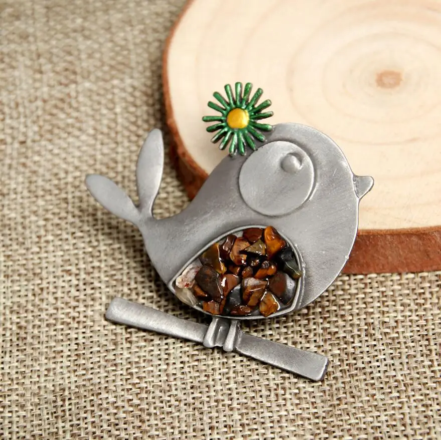 Cute Bird Brooches Ancient Tin/Verdigris Patina Animal Stone Brooch Pins Gifts Dress Jewelry | Украшения и аксессуары