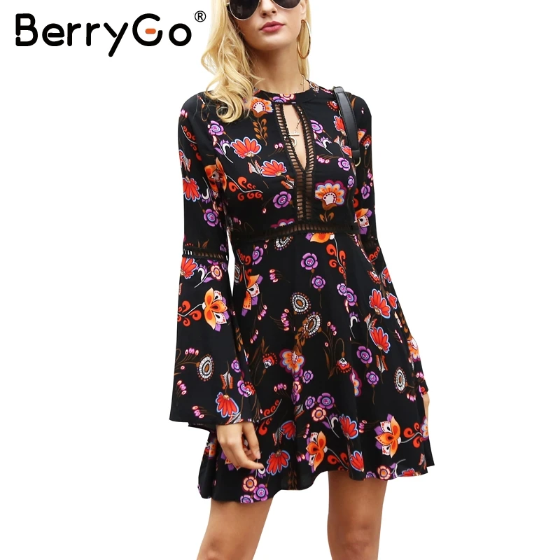 BerryGo осеннее платье с цветочным принтом женское расклешенным рукавом на пуговице