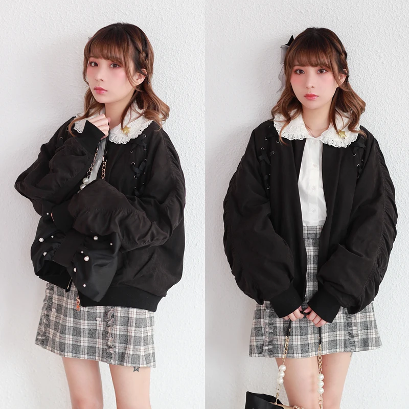 

Princess sweet lolita parkas Originally Japanese Girl Autumn and Winter Thickened Chic Bandwidth Loose-clip Cotton parkas LG020