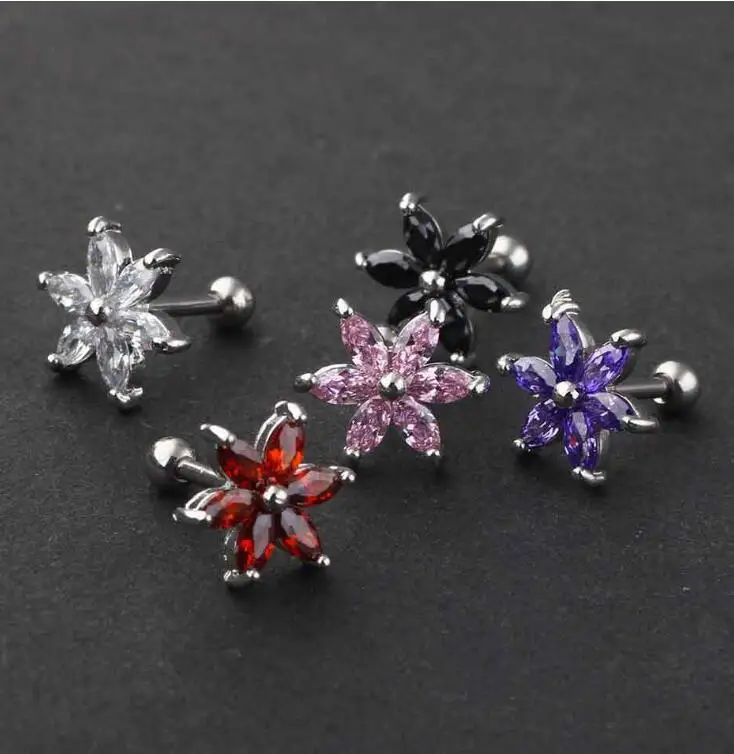 1 Piece Gold Silver Surgical Stainless Steel Earring Stud Punk Love Flower Zircon Ear Tragus Piercing Crystal Rose For Men Women | Украшения
