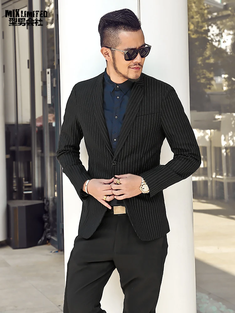 Мужской Хлопковый костюм F290 осенний черный с вертикальными полосками|england suits|black