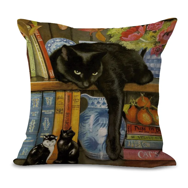 Cat чехол накладка с мультипликационным рисунком для подушек из хлопка и льна