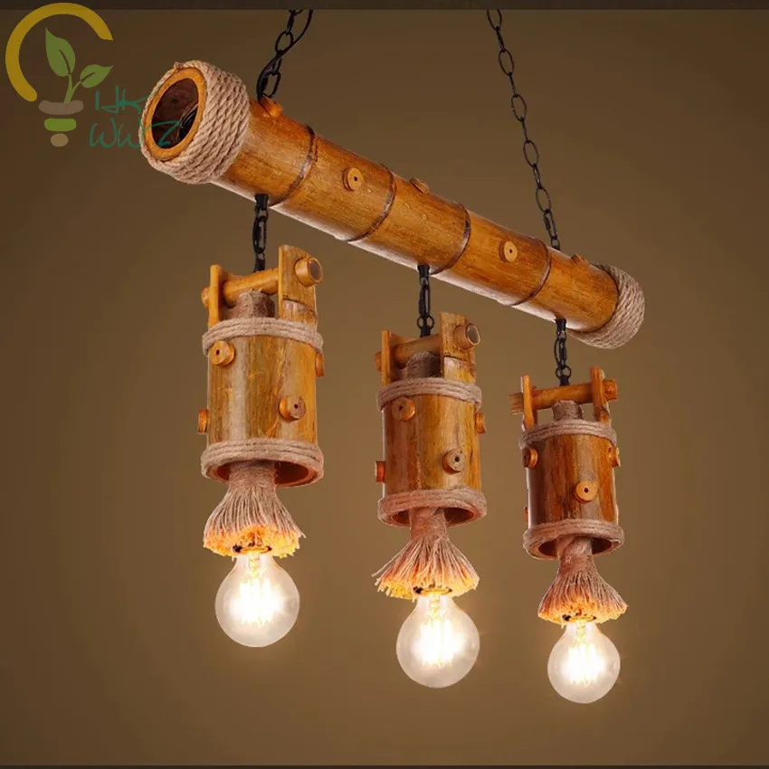 

American Style Retro Industrial Lighting Personality Bamboo Art Restaurant Cafe Pendant Lights 3 Heads Hemp Rope Hanging Lamps