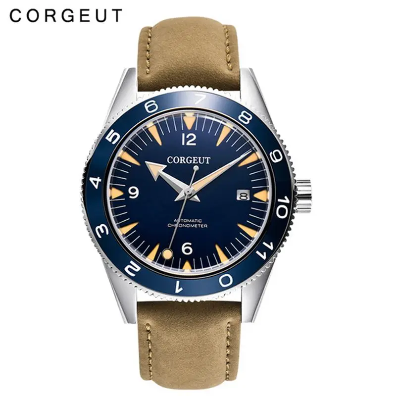 blue leather strap Роскошные брендовые Corgeut Seepferdchen военные Мужские часы Мужские автоматические спортивные дизайнерские часы кожаные механические наручные часы - Цвет: blue leather strap